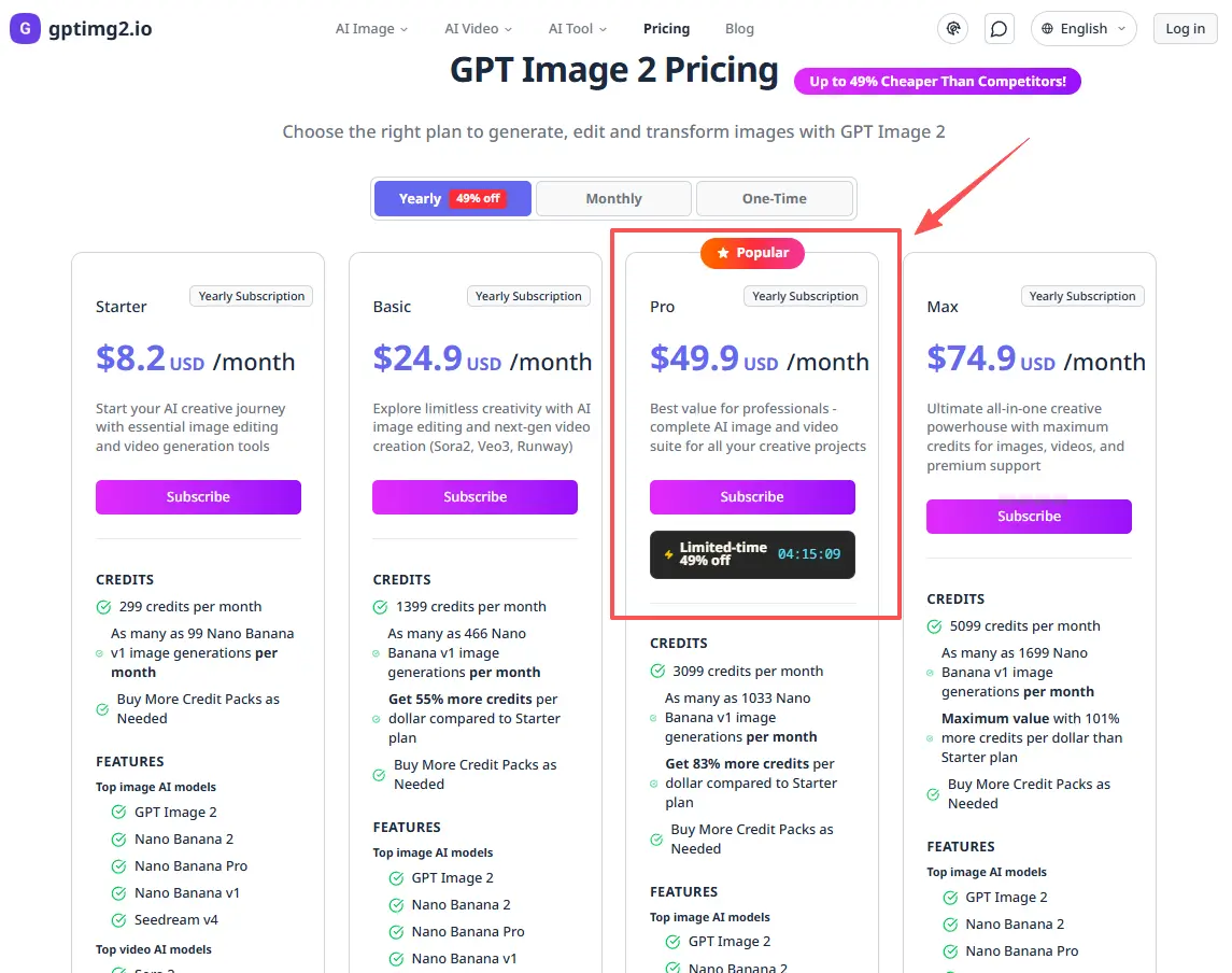 gptimg2 pricing plans showing Starter, Basic, Pro and Max tiers